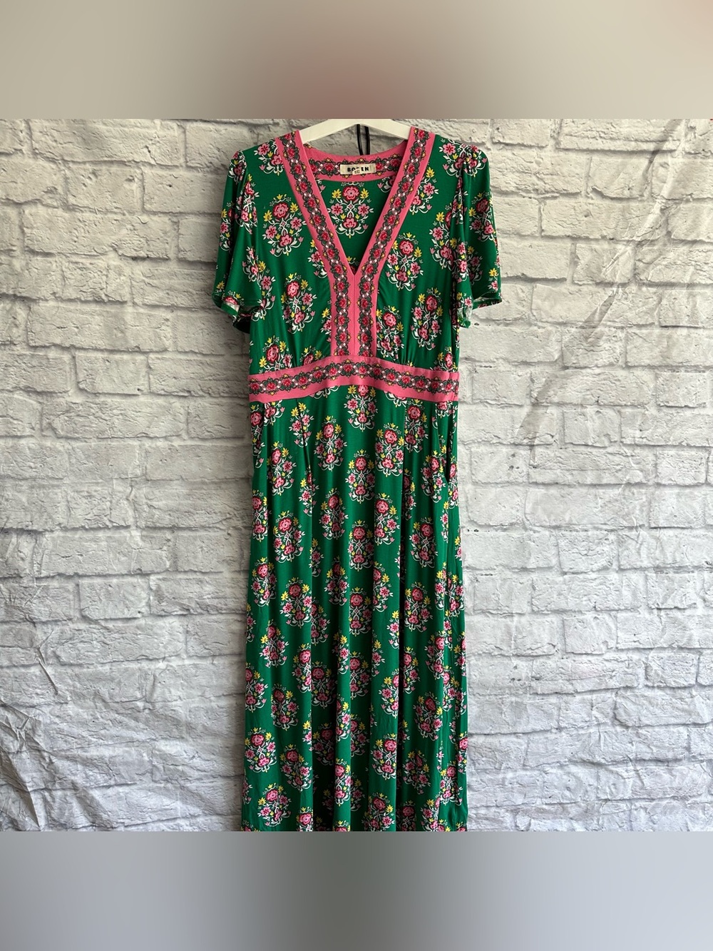 PREOWNED BODEN ELLIE FLUTTER MAXI TEA DRESS GREEN WOMENS SIZE 10